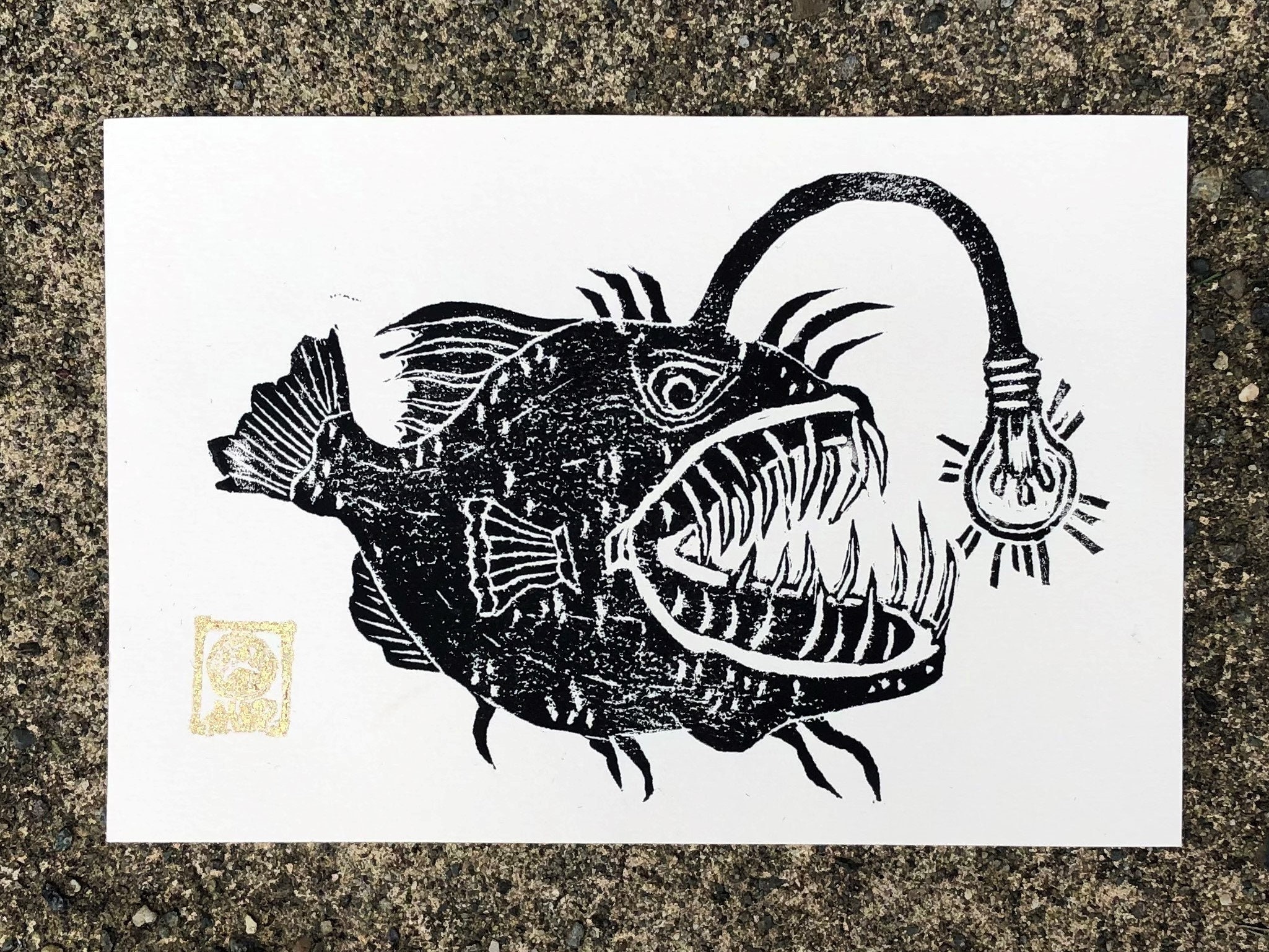 Anglerfish With Lightbulb Hand-carved Linocut Block Print, 4x6