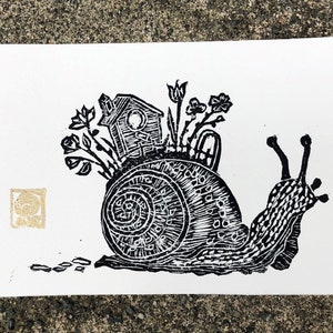 Snail With Garden and Birdhouse Hand Carved Linocut Block Print/ 4x6&quot; Art Perfect Wall Hanging or Shelf Decor/ *Frame not included