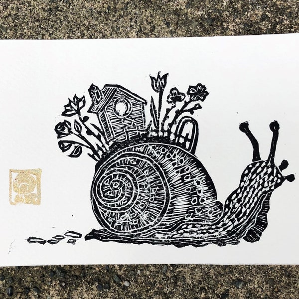 Snail With Garden and Birdhouse Hand Carved Linocut Block Print/ 4x6" Art Perfect Wall Hanging or Shelf Decor/ *Frame not included
