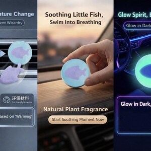 May include: A circular car air freshener vent clip featuring a color-changing design with a fish silhouette. The text reads Low Temperature Change, Exclusive Vent Wizardry, Aroma Release, Eco Friendly Materials, Soothing Little Fish, Swim Into Breathing, Natural Plant Fragrance, Start Soothing Moment Now, Glow Spirit, Better at Night, and Glow in Dark, Watch Over.