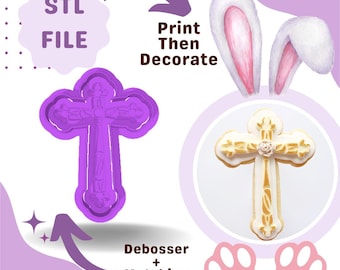 May include: Purple 3D printed cross cookie cutter and matching debosser. STL file included. Print then decorate.  The image also shows a decorated cross cookie.