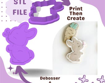 May include: A purple 3D printed cookie cutter in the shape of a bunny rabbit. The cutter is shown next to a decorated cookie of a bunny rabbit holding a carrot. The text "STL FILE" and "Print Then Create" are also shown in the image. The text "Debosser + Matching Cookie Cutter" is also shown in the image.