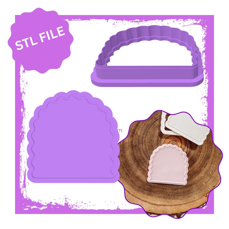 May include: Purple plastic cookie cutter in the shape of a half circle with scalloped edges. The cutter is shown on a wooden surface with two smaller cutters in the same shape.