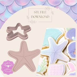May include: A starfish-shaped cookie cutter and a starfish-shaped cookie are displayed. The cookie cutter is a light brown colour. The cookies are decorated with pastel colours. The text "STL FILE DOWNLOAD" is in the image.