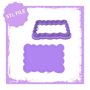 May include: A purple plastic cookie cutter in the shape of a rectangle with a wavy edge. The cutter is shown from two angles, one with the top side facing the viewer and the other with the bottom side facing the viewer. STL FILE is written in white text on a purple starburst.