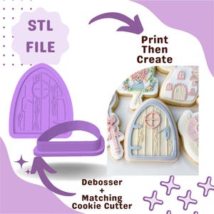 Puede incluir: Un juego de cortadores de galletas y debossers en 3D de color morado en forma de puerta de hadas. El juego se muestra junto a una galleta decorada con un diseño similar. El texto "STL FILE" y "Print Then Create" también es visible en la imagen.