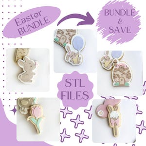 May include: A set of six Easter cookie cutters, including a bunny holding a balloon, a bunny with a carrot, a house, a tulip, a bunny with a bow, and a bunny with a basket. The cutters are made of STL files and are perfect for creating delicious Easter treats.