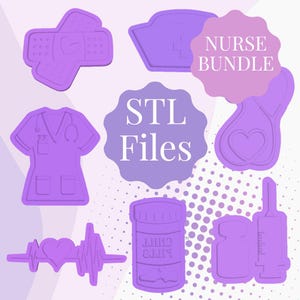 May include: A collection of purple STL files featuring medical-themed designs. Includes a nurse's cap, scrubs, a bandage, a heartbeat, a pill bottle, a syringe, and a medical bag with a heart. The text "NURSE BUNDLE" and "STL Files" are also visible.