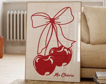 ma cherie red bow cherry poster hand illustrated coquette wall art print trendy preppy wall art coquette room aesthetic decor for apartments