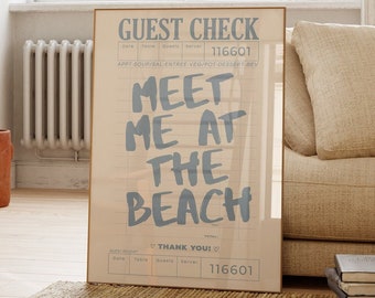 meet me at the beach guest check print trendy coastal wall art blue typography poster beach house decor ocean wall art girly aesthetic decor