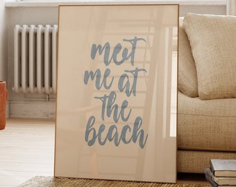 meet me at the beach print trendy coastal wall art blue typography poster beachy house decor ocean wall art girly aesthetic decor printables