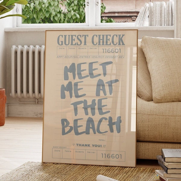 meet me at the beach guest check print trendy coastal wall art blue typography poster beach house decor ocean wall art girly aesthetic decor