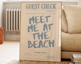 meet me at the beach guest check print trendy coastal wall art blue typography poster beach house decor ocean wall art girly aesthetic decor