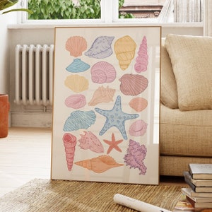 Puede incluir: Una impresión enmarcada que presenta una colección de conchas marinas y estrellas de mar coloridas. Las conchas marinas están dibujadas en varios tonos de rosa, azul, amarillo y morado. Las estrellas de mar están dibujadas en tonos de rosa y azul.