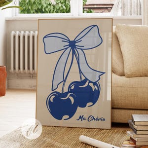 Ma Cherie Navy Blue Bow Cherry Print, Coquette Wall Art, Preppy Coastal Bow Aesthetic, Messy Coquette Girly Dorm Apartment Decor Poster