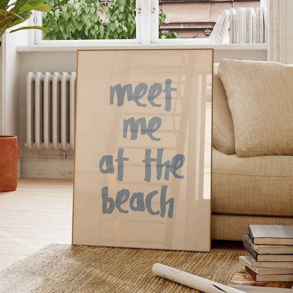 meet me at the beach print trendy coastal wall art blue typography poster beachy house decor ocean wall art girly aesthetic decor printables