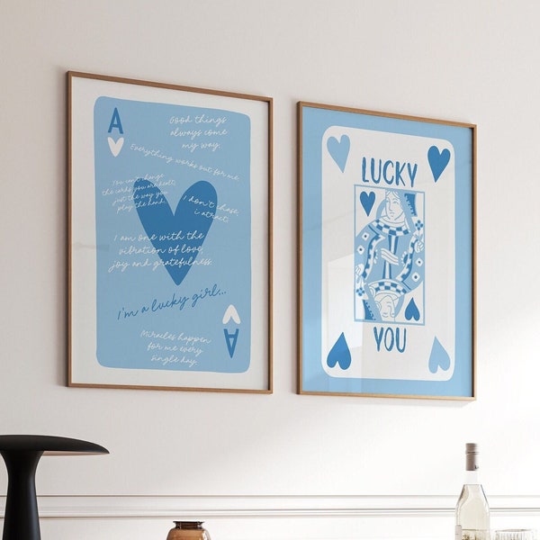 trendy blue wall art prints lucky girl syndrome ace of hearts playing card aesthetic poster retro bar cart art decor preppy apartment decor