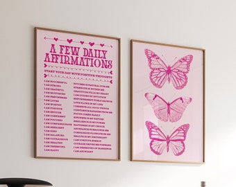 pink daily affirmation butterfly retro print set of 2 cute funky college apartment decor hot pink preppy room aesthetic wall art for girls