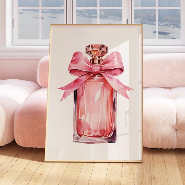 pink perfume print, coquette room decor, trendy pink bow aesthetic prints, grand millennial wall art, sandy liang inspired apartment decor
