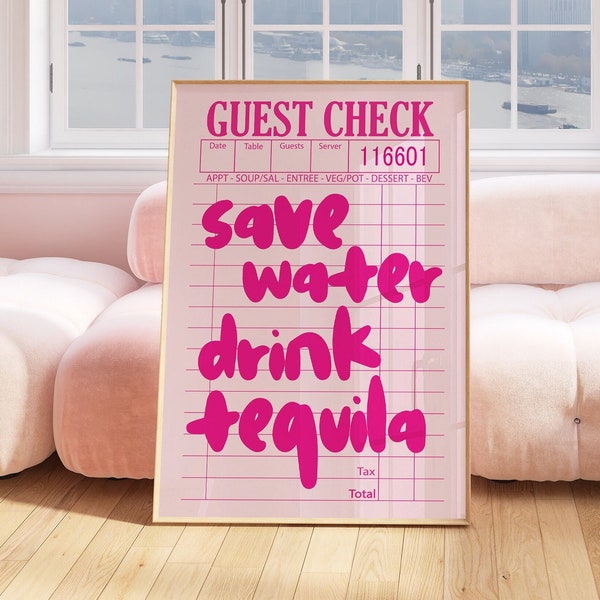 Bespaar water drinken tequila bar winkelwagen kunst cocktail poster preppy y2k kamer decor, trendy muur kunst appartement decor, preppy muur kunst slaapzaal decor