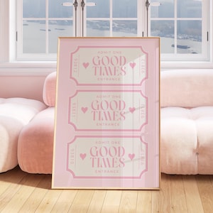 Cartel de boletos de buenos tiempos, carrito de bar, arte de cóctel, impresión de arte de pared rosa claro moderno, decoración de apartamento universitario rosa, decoración de dormitorio de estética preppy