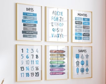 Blue Montessori Classroom Prints, Educational Wall Art (Set of 6) (Digital Download)