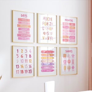 Ensemble de 6 affiches éducatives, décoration de classe Montessori, affiches d'école à la maison, écriture rose, tableau de l'alphabet, décoration de chambre bohème, bambin, bébé fille