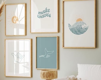 Boho coconut girl surf aesthetic gallery wall art, Set of 5 prints, Surf nursery decor, Surf prints for girls, beach girl room decor prints