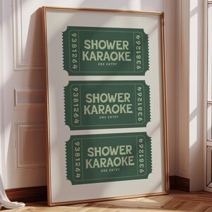 Elevate your space with this trendy shower karaoke ticket print. This sage green and pink aesthetic wall art is an ideal decor for a bathroom.