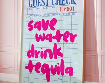 Sparen Sie Wasser-Getränk Tequila Plakat, Gast Check Barwagen-Kunst-Cocktail-Küchenwandkunst, trendiges Retro Preppy Y2k-Wohnheimästhetisches Wohnungsdekor