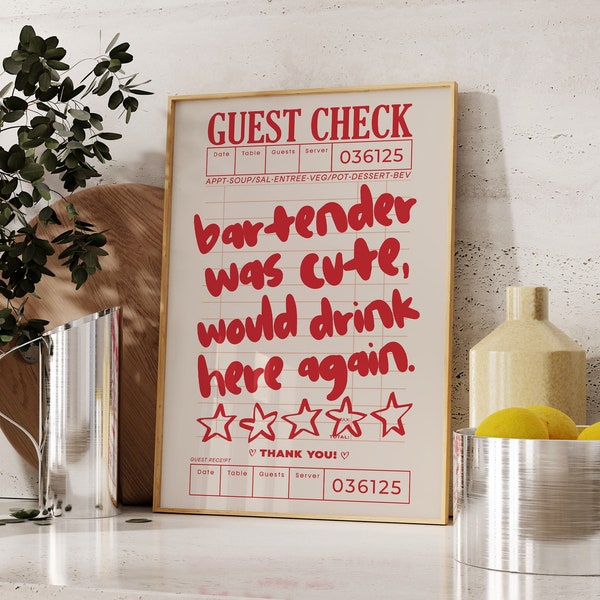 bartender was cute would drink here again | funky bar art print | bar cart trendy wall art apartment decor | girly aesthetics kitchen decor