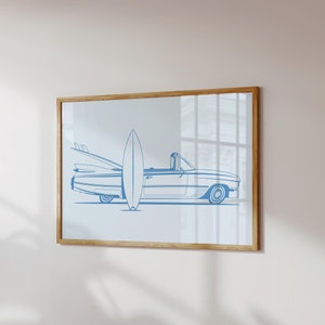coastal retro surf car print, horizontal light blue surfing wall art, preppy beachy room aesthetic poster, blue college dorm apartment decor