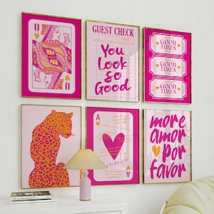 retro gallery set, lucky girl syndrome poster, queen of hearts print, apartment decor, trendy wall art, college apartment, preppy girly dorm