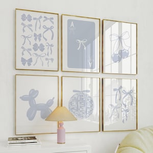 blauwe strikken print set van 6, preppy kunst aan de muur, kustveedrijfster, strikken speelkaart, universiteitsappartement decor, girly coquette kamer esthetiek