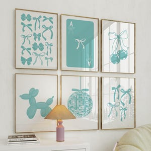 Lot de 6 impression d'art mural noeuds turquoise, art mural preppy déco coquette, déco d'appartement universitaire, affiche de carte de noeuds Ace esthétique chambre girly