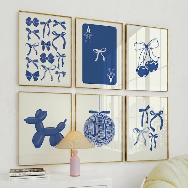Blaue Schleifen Print 6er Set, Preppy Wandkunst, Küsten Cowgirl, Lucky Girl Coquette Raumdekor, College Wohnung Dekor, Girly Wohnheim Ästhetik