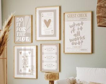 Lot de 5 tirages d'art mural neutres tendance beiges beige fille chanceux, affiches de chèques invités, esthétique bohème neutre, déco d'appartement rétro preppy, neutre