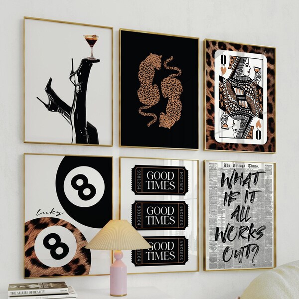 Juego de 6 láminas decorativas retro para pared, con diseño de naipes, estampado de guepardo y decoración para carrito de bar.