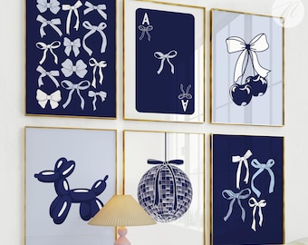 Navy Blue Bows Print Set of 6 Preppy Wall Art, Coastal Cowgirl, Lucky Girl Coquette Room Decor, College Apartment Decor Girly Room Aesthetic