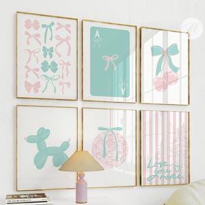Juego de 6 láminas decorativas de pared con lazos rosas y turquesa, decoración preppy para pared, decoración para apartamentos universitarios, póster de cartas Ace Bows, estética para habitaciones femeninas