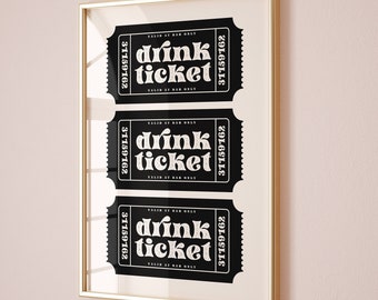 Drink ticket print, Trendy wall art, Retro poster, black and white print, Aesthetic preppy bar cart art, Trendy ticket poster, Digital print