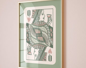 Queen of Hearts prints, Trendy wall art sage green pink aesthetic poster, Preppy wall art decor, Retro bar cart art, Trendy green printables