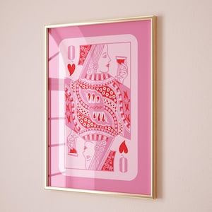 Estampas de cartas de baralho da rainha de copas | Arte de parede rosa e vermelha | Decoração de dormitório preppy | Pôster estético de quarto retrô yk2 | Arte de carrinho de bar feminino descolado