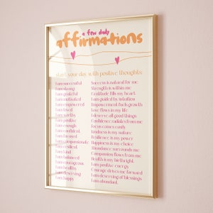 daily affirmations pink wall print, preppy y2k dorm room decor, trendy cute retro positive daily reminders college apartment decor wall art