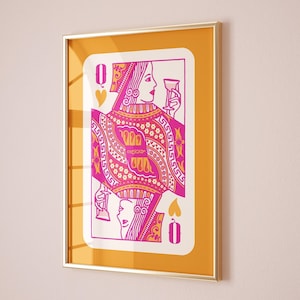 Herzkönigin Spielkarte Druckt, Pinke und orange Wandkunst, Preppy Wohnheim Dekor, Retro yk2 ästhetische Plakate, Funky girly Barwagen Kunst