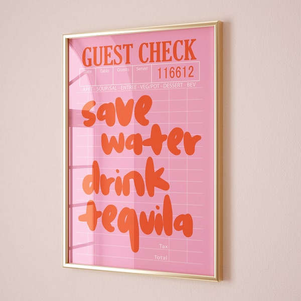 save water drink tequila bar cart art cocktail prints red pink trendy kitchen wall art apartment decor retro preppy wall art dorm decor