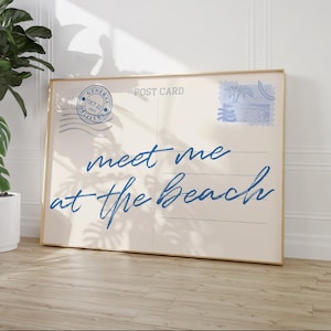Impression de carte postale rencontrez-moi à la plage, art mural côtier tendance, affiche de typographie bleue, décoration esthétique de plage petite-fille côtière, numérique