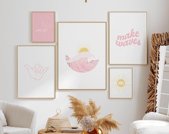 Boho Surf Gallery Wall Art, Set of 5 Prints, Surf Nursery Decor, Surf Prints for Girls Nursery, Surfer Girl Room Decor, Boho Beach Decor