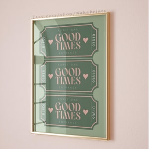 Carteles de cócteles con impresiones de boletos de buenos tiempos, estilo retro, estético, verde salvia y rosa, decoración de pared para apartamentos y cocinas modernas