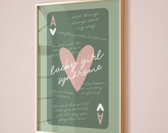 lucky girl syndrome ace of hearts card aesthetic poster trendy wall art sage green pink aesthetic retro bar cart art preppy apartment decor